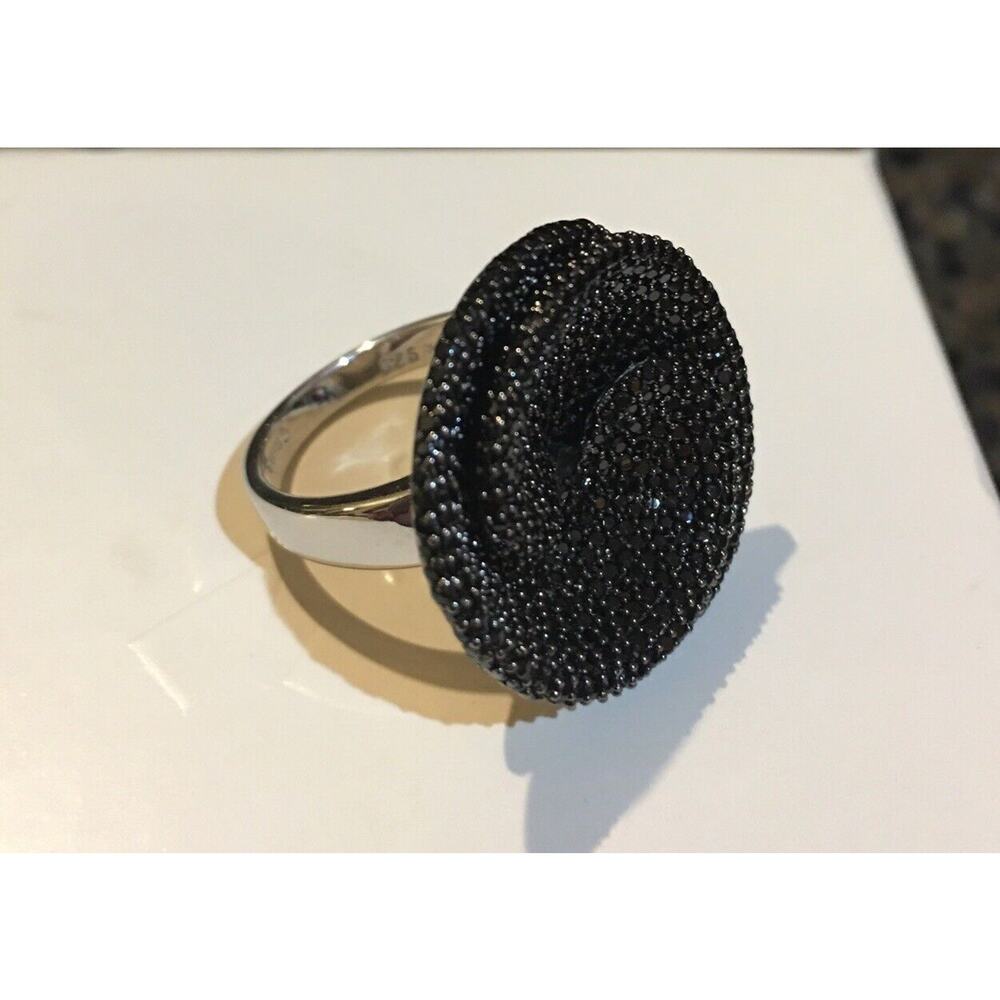 QVC 3.25 CT TW Black Spinel Pave Round Wrapped Flower Design Sterling Ring Sz 7